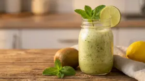 Frullato serale in barattolo con lime, menta, kiwi e limone su tavolo di legno