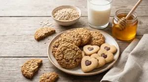 Piatto con biscotti secchi ai cereali e biscotti semplici, con avena, latte e miele su tavolo in legno