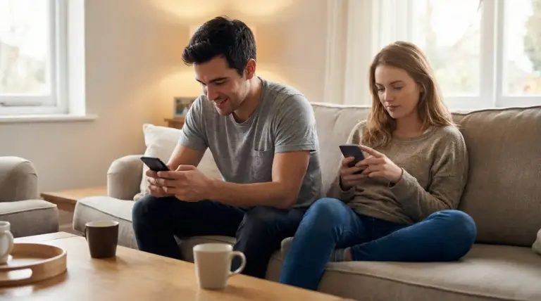 Due persone sedute sul divano guardano lo smartphone, immagine che richiama il breadcrumbing nelle relazioni.