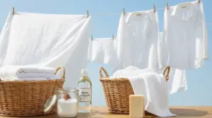 Bucato bianco steso al sole con cestini, asciugamani e rimedi naturali per igienizzare senza candeggina
