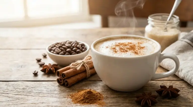 Tazza di caffè alla cannella fumante su tavolo rustico con chicchi di caffè e stecche di cannella