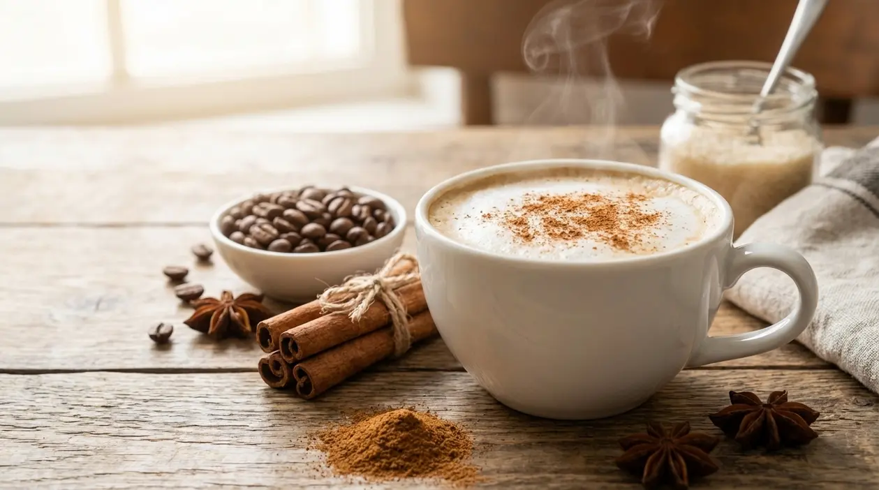 Tazza di caffè alla cannella fumante su tavolo rustico con chicchi di caffè e stecche di cannella
