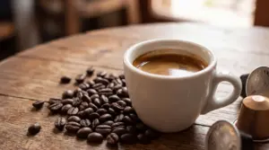 Tazzina di caffè nero su tavolo di legno con chicchi di caffè sparsi accanto