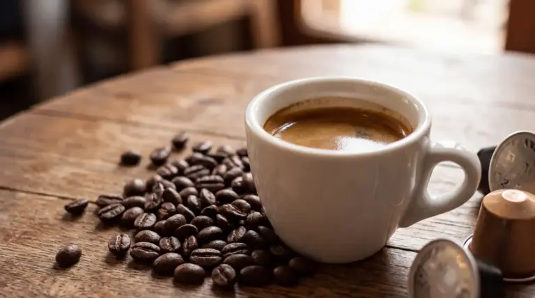 Tazzina di caffè nero su tavolo di legno con chicchi di caffè sparsi accanto