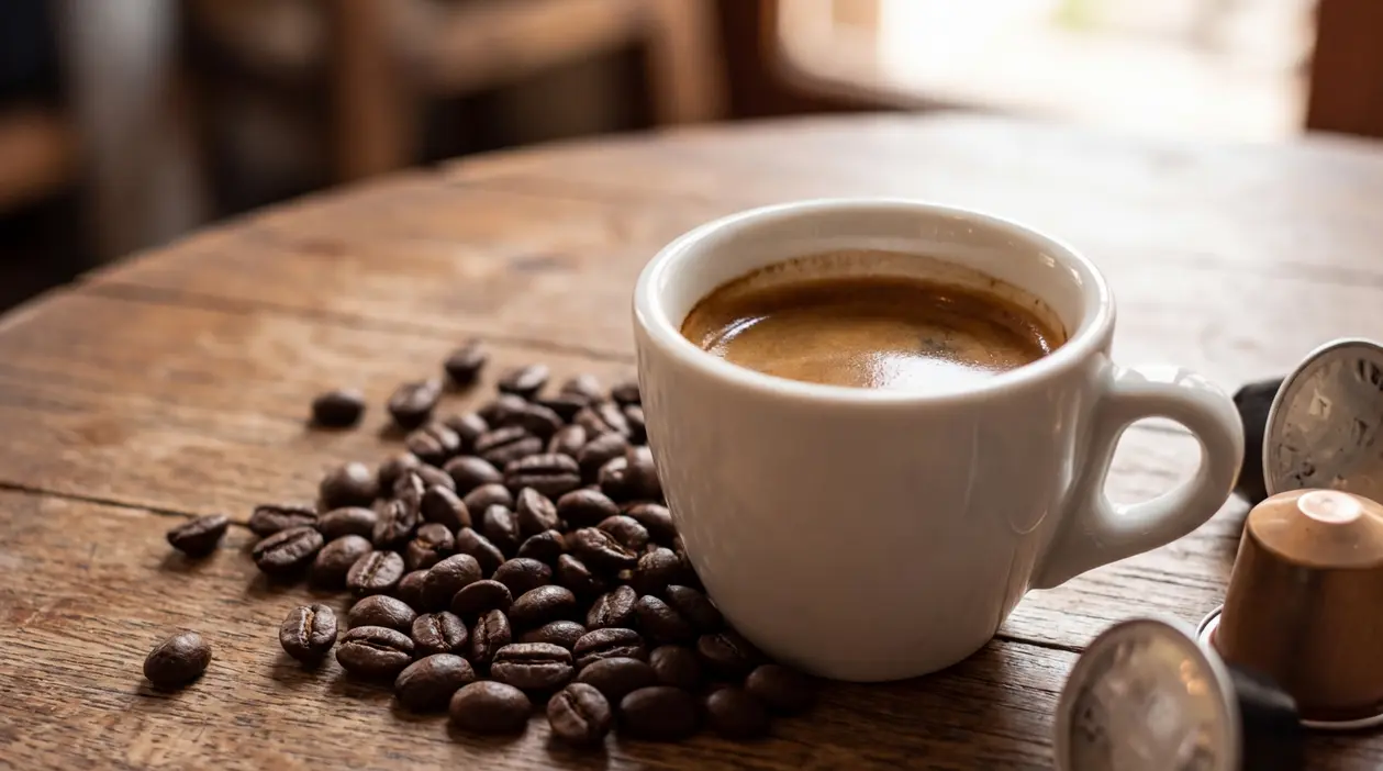 Tazzina di caffè nero su tavolo di legno con chicchi di caffè sparsi accanto