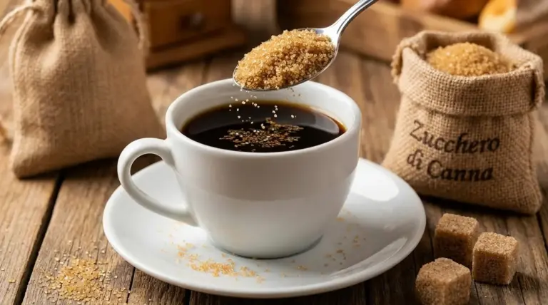 Cucchiaino di zucchero di canna versato in una tazza di caffè nero su tavolo rustico