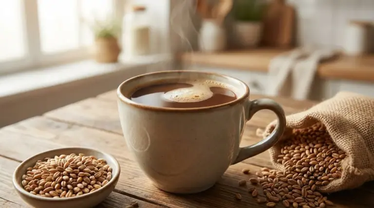 Tazza fumante di caffè d’orzo su tavolo in legno con chicchi d’orzo accanto, in una cucina luminosa