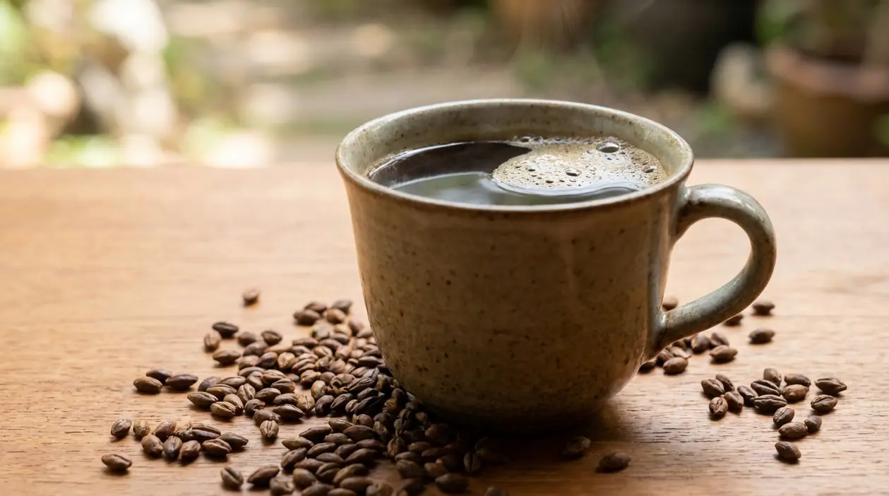 Tazza di caffè d'orzo su un tavolo di legno con chicchi sparsi intorno