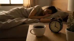 Tazza di caffè e sveglia sul comodino accanto a una persona che dorme in camera da letto