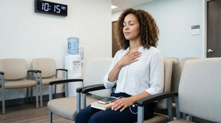 Persona seduta in sala d’attesa medica pratica una respirazione calmante prima della visita