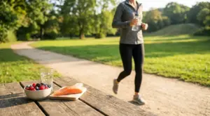 Persona che cammina in un parco con acqua, frutti di bosco e salmone su un tavolo, simboli di salute cardiovascolare
