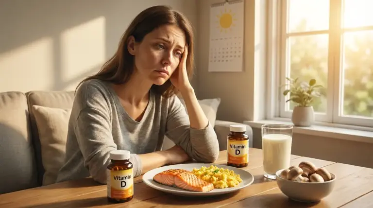 Donna dall’aspetto stanco a tavola con alimenti ricchi di vitamina D e integratori vicino a una finestra soleggiata