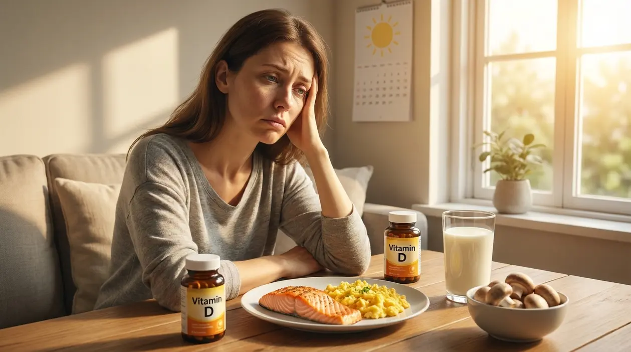 Donna dall’aspetto stanco a tavola con alimenti ricchi di vitamina D e integratori vicino a una finestra soleggiata