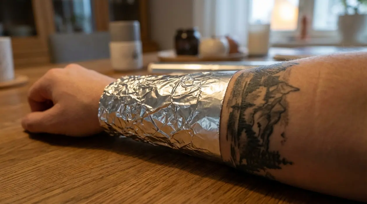 Braccio di una persona avvolto nella carta d’alluminio mentre è appoggiato su un tavolo in casa