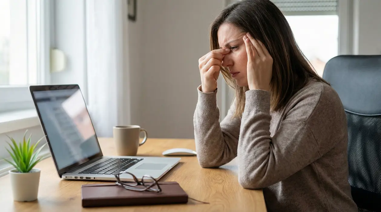 Donna alla scrivania davanti al laptop si massaggia tempie e occhi per mal di testa da PC
