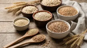 Ciotole con diversi cereali e chicchi integrali su tavolo rustico in legno