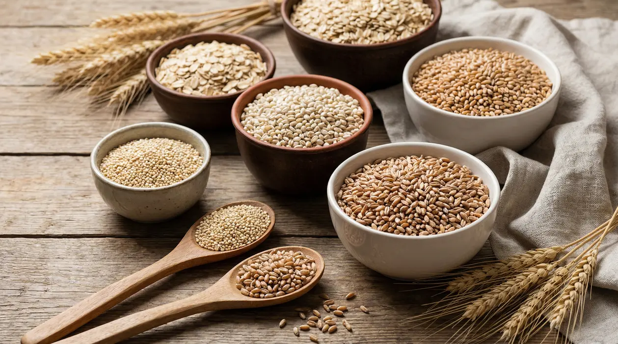 Ciotole con diversi cereali e chicchi integrali su tavolo rustico in legno