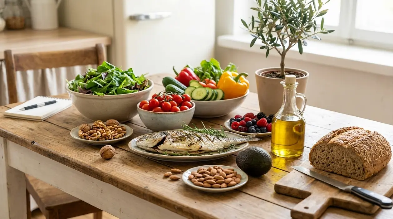 Tavola con pesce, verdure, frutti di bosco, frutta secca, pane integrale e olio d'oliva in cucina