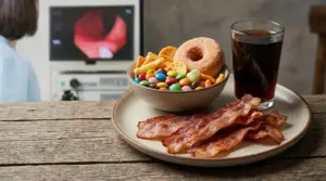 Piatto con bacon, ciambella, snack dolci e bevanda gassata, con persona e monitor medico sullo sfondo