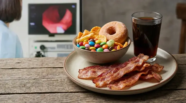 Piatto con bacon, ciambella, snack dolci e bevanda gassata, con persona e monitor medico sullo sfondo