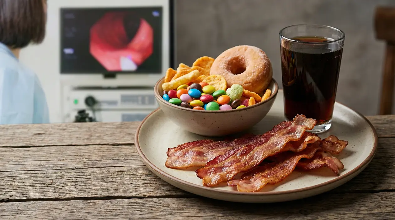 Piatto con bacon, ciambella, snack dolci e bevanda gassata, con persona e monitor medico sullo sfondo