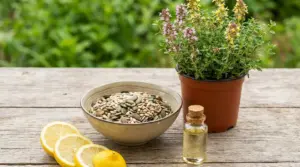 Limone, semi, olio essenziale e pianta aromatica su un tavolo, rimedi naturali per tenere lontane le zanzare