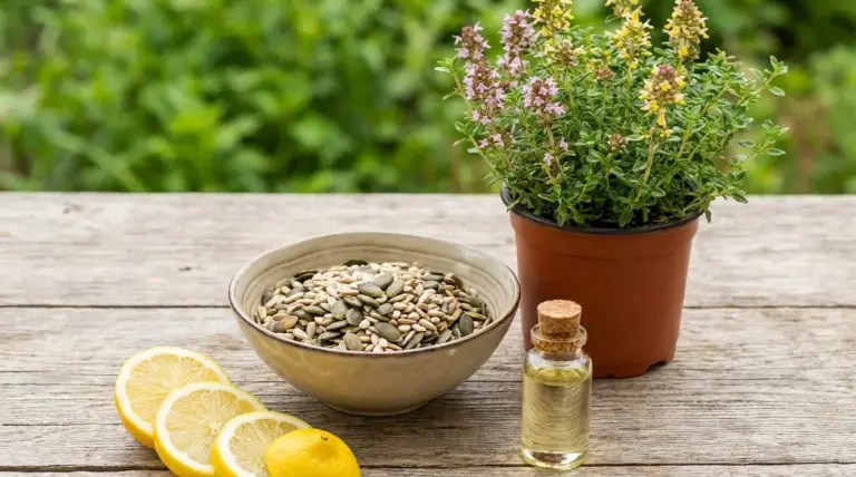 Limone, semi, olio essenziale e pianta aromatica su un tavolo, rimedi naturali per tenere lontane le zanzare