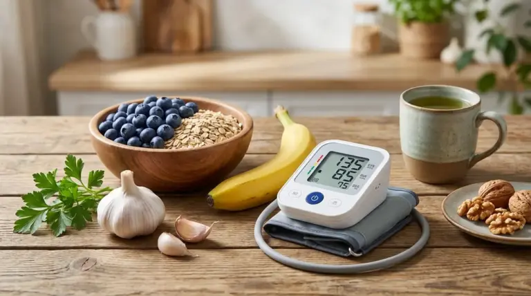 Alimenti naturali utili per la pressione alta con misuratore: mirtilli, avena, banana, aglio, noci e tè