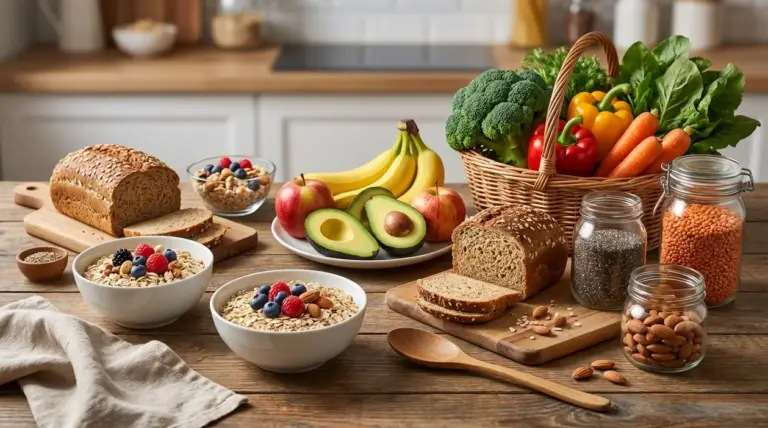 Selezione di cibi ricchi di fibre con pane integrale, avena, frutta, verdure, lenticchie, semi di chia e mandorle