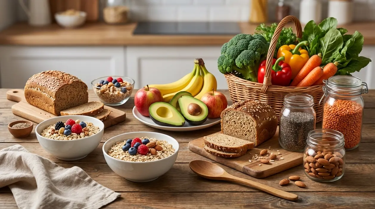 Selezione di cibi ricchi di fibre con pane integrale, avena, frutta, verdure, lenticchie, semi di chia e mandorle