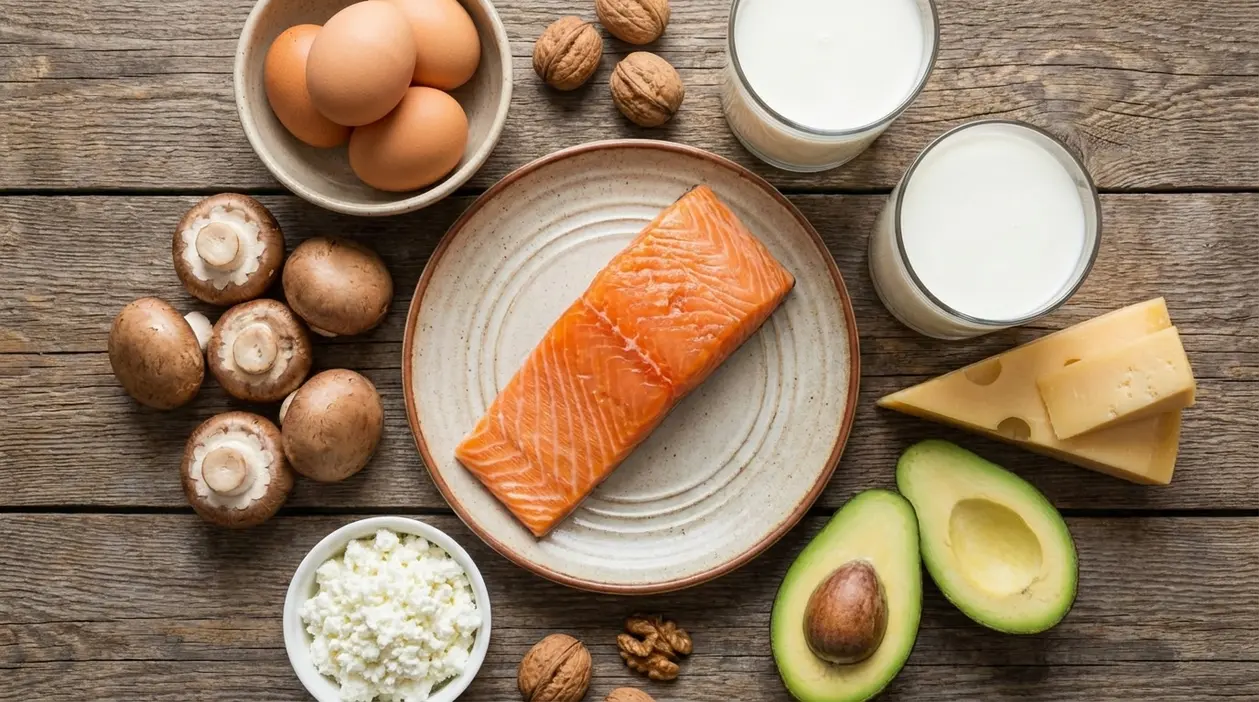 Alimenti ricchi di vitamina D su tavolo rustico: salmone, uova, latte, formaggio, funghi e avocado