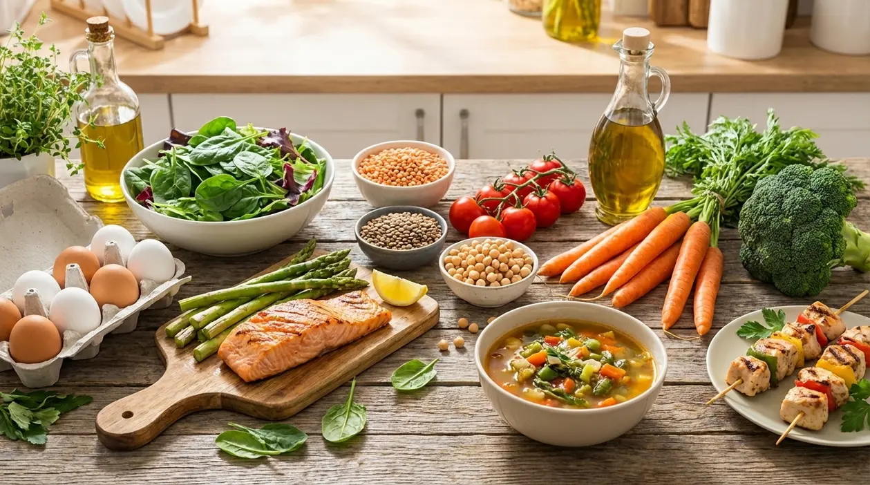 Tavola con salmone, uova, legumi, verdure e olio d'oliva, alimenti sani utili per dimagrire