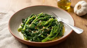Cime di rapa saltate in padella con aglio, peperoncino e olio extravergine in un piatto con forchetta