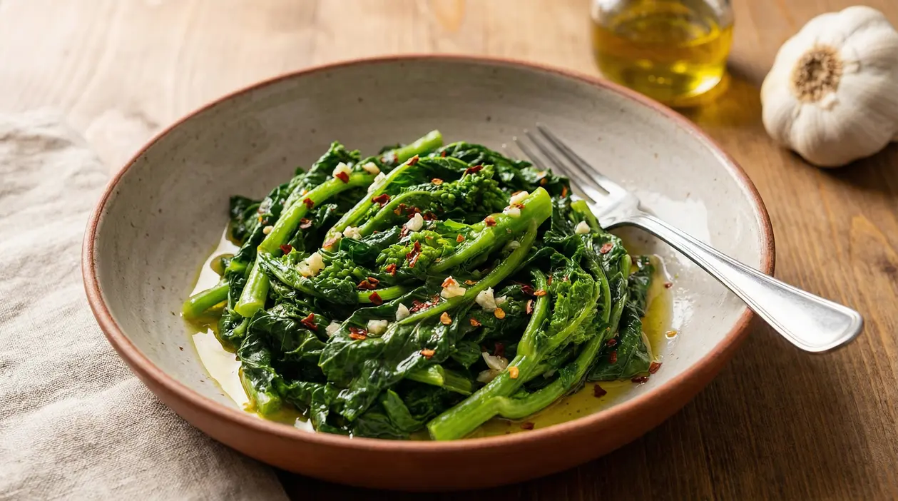 Cime di rapa saltate in padella con aglio, peperoncino e olio extravergine in un piatto con forchetta
