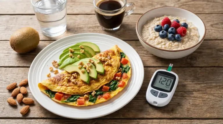 Colazione equilibrata con omelette, avocado, porridge ai frutti di bosco e glucometro su tavolo rustico