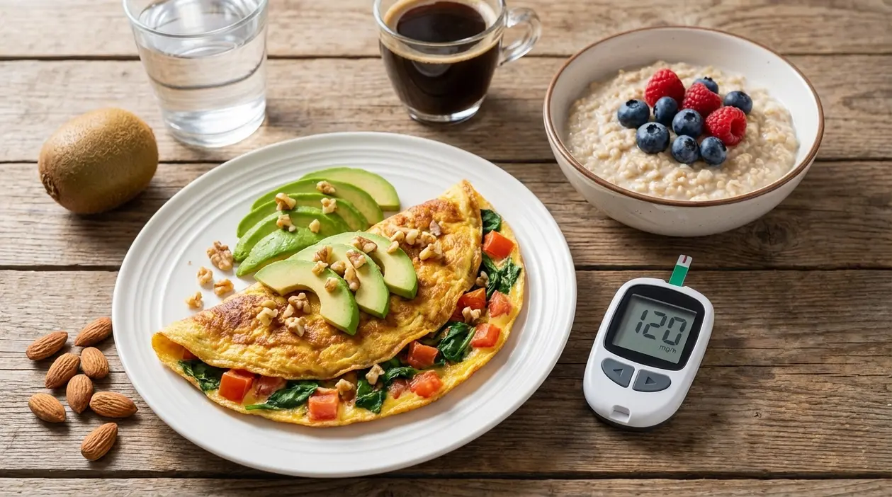 Colazione equilibrata con omelette, avocado, porridge ai frutti di bosco e glucometro su tavolo rustico