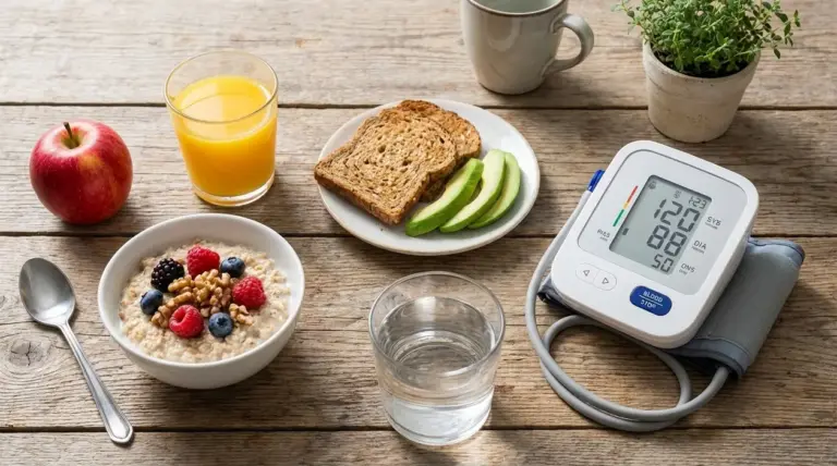Colazione salutare con porridge, frutta, avocado e misuratore di pressione su tavolo in legno