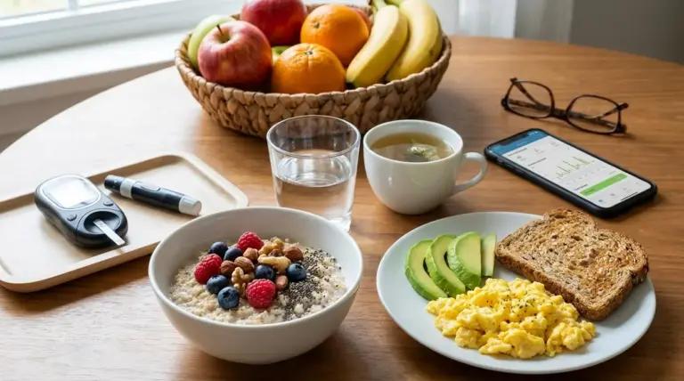 Colazione equilibrata con avena, frutti di bosco, avocado, uova e glucometro per controllare la glicemia