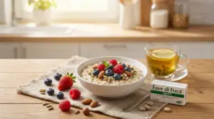 Colazione leggera con porridge, frutti di bosco, mandorle e tisana al limone su tavolo in cucina