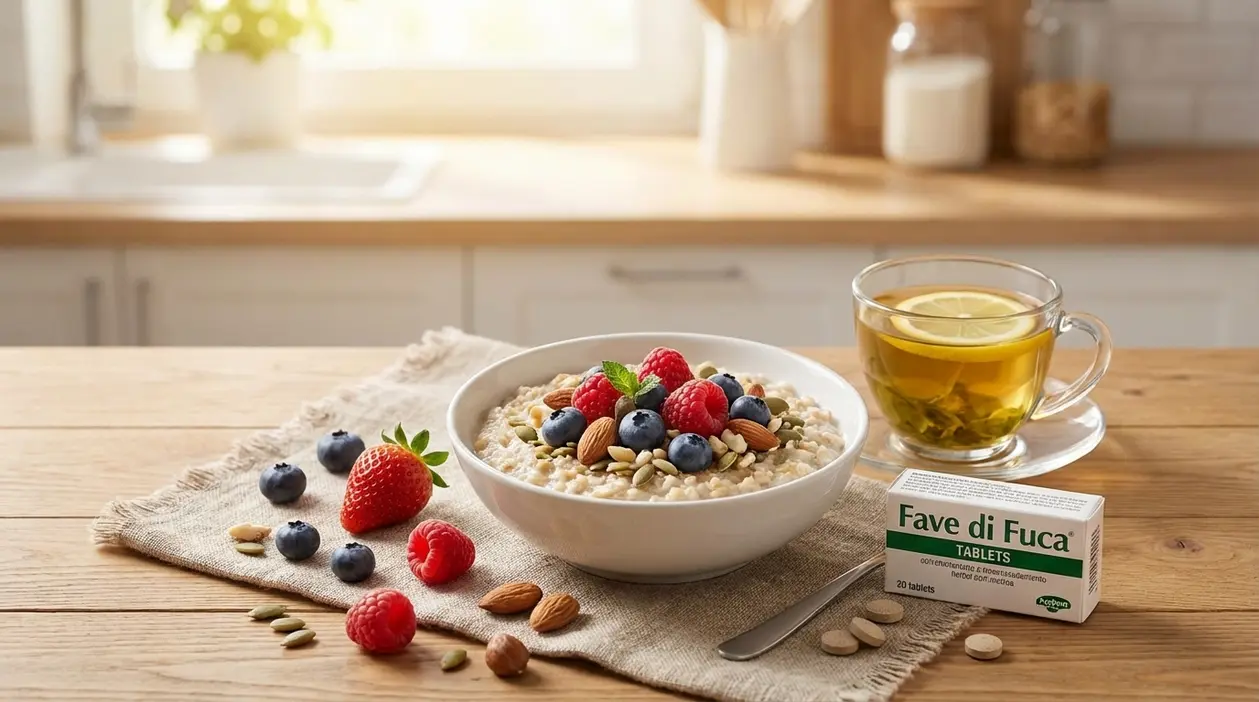 Colazione leggera con porridge, frutti di bosco, mandorle e tisana al limone su tavolo in cucina