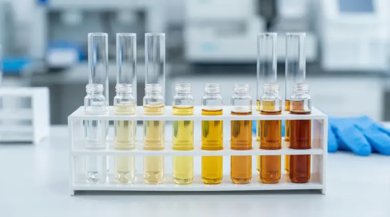 Provette in laboratorio con campioni di urina di colori diversi, dal trasparente all’ambrato, su supporto bianco