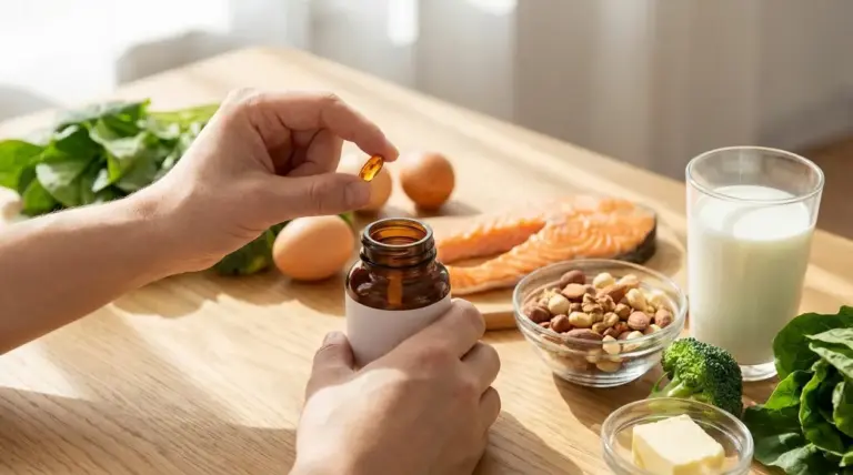 Mano con capsula di vitamina accanto a salmone, uova, latte e verdure su un tavolo