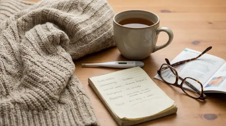 Tazza calda, termometro, quaderno e maglione su un tavolo, immagine legata ai sintomi dell’ipotiroidismo