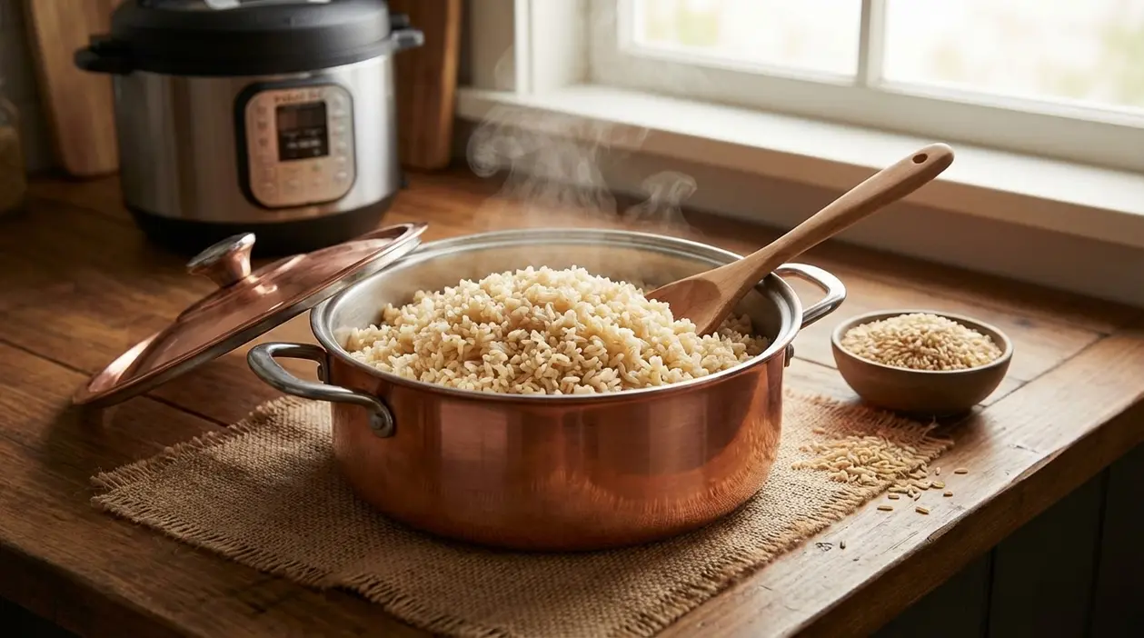 Pentola con riso integrale cotto al vapore su tavolo in legno, con cucchiaio e chicchi accanto