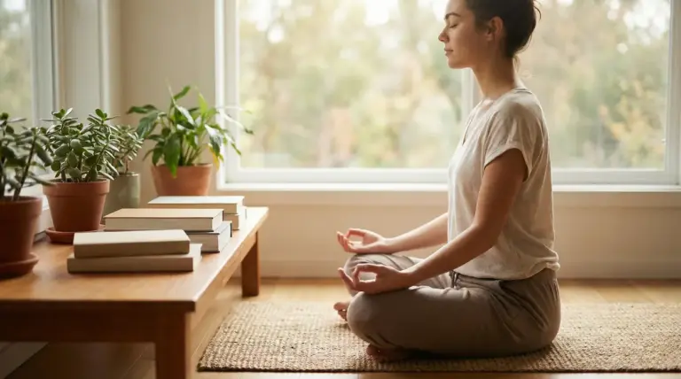 Donna che medita in casa vicino a una finestra, simbolo di calma mentale e gestione dei pensieri negativi