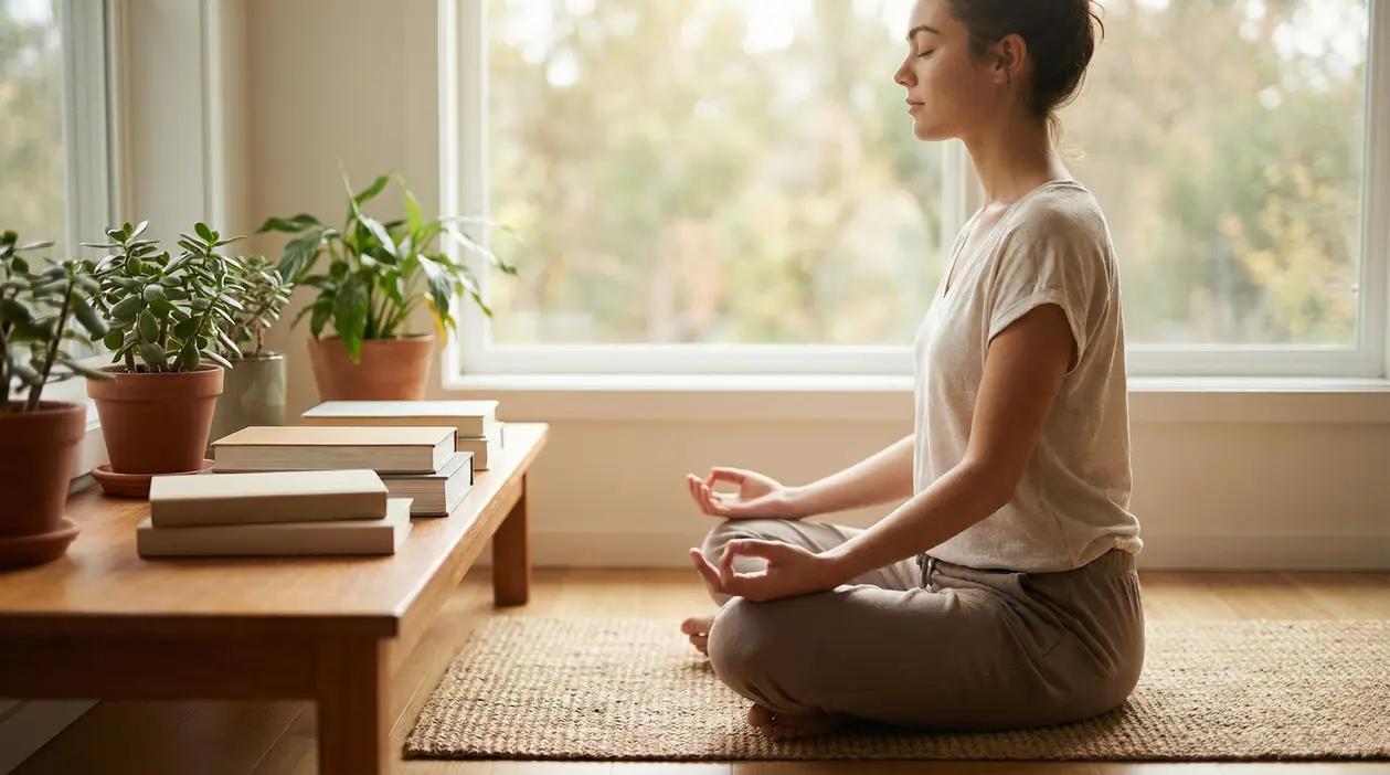 Donna che medita in casa vicino a una finestra, simbolo di calma mentale e gestione dei pensieri negativi