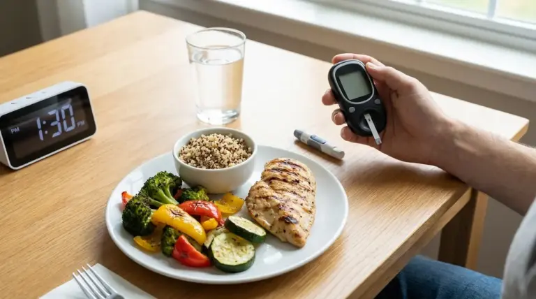 Persona con glucometro davanti a un pasto bilanciato con pollo, verdure e cereali per controllare la glicemia