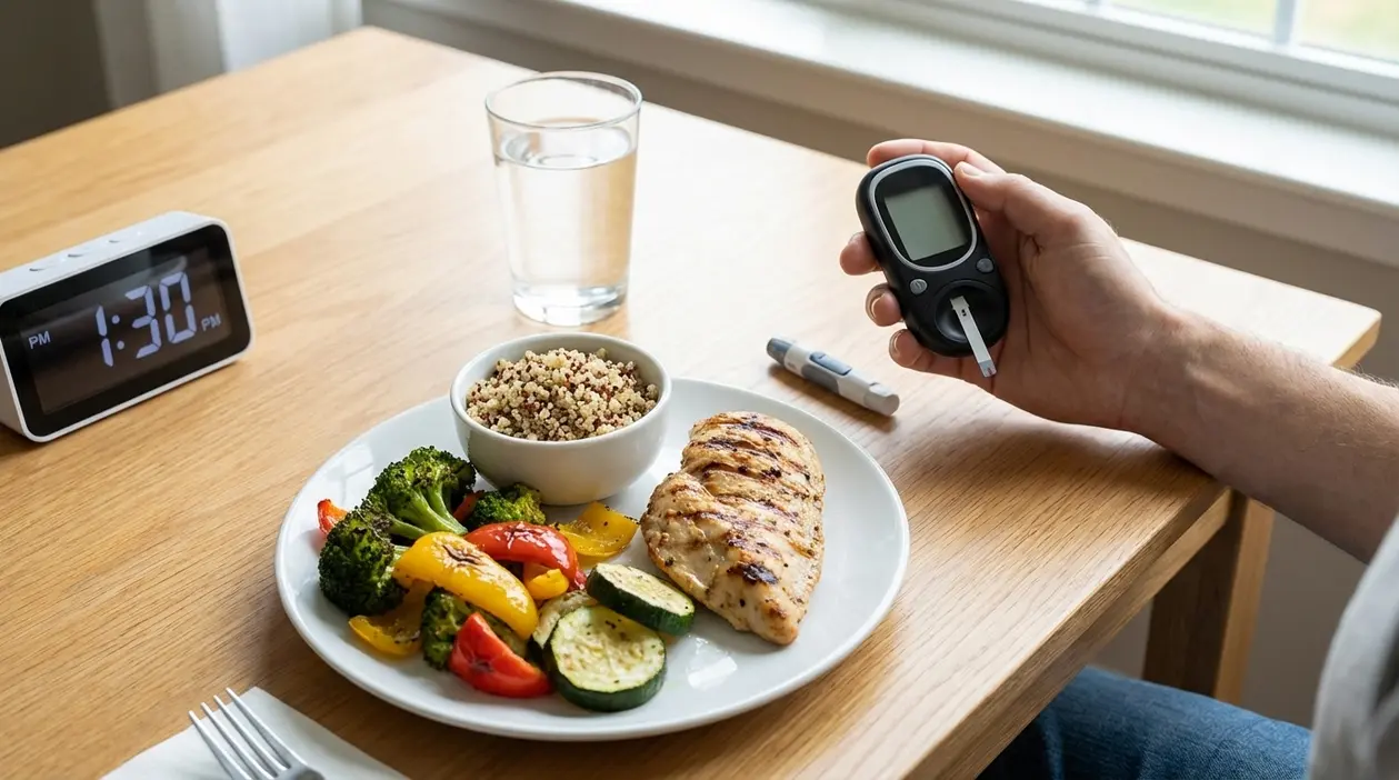 Persona con glucometro davanti a un pasto bilanciato con pollo, verdure e cereali per controllare la glicemia