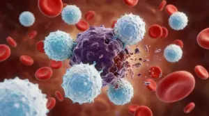 Illustrazione di cellule immunitarie che attaccano una cellula tumorale nel flusso sanguigno