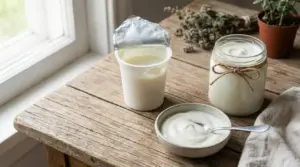 Vasetti e ciotola di yogurt bianco su un tavolo in legno, ideale per consigli sul riuso dello yogurt scaduto